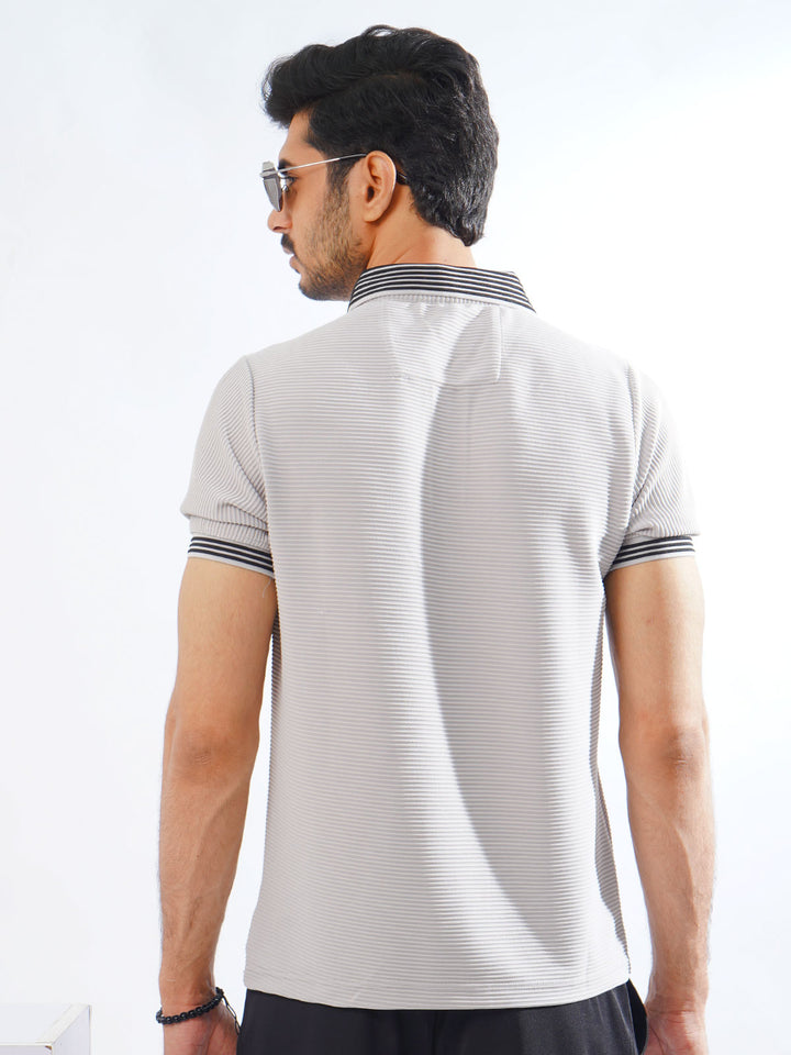 Grey Contrast Collar Half Sleeves Premium Zipper Striped Polo T-Shirt (POLO-797)