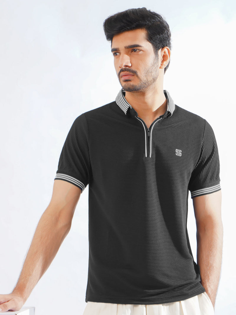 Black Contrast Collar Half Sleeves Premium Zipper Striped Polo T-Shirt (POLO-798)