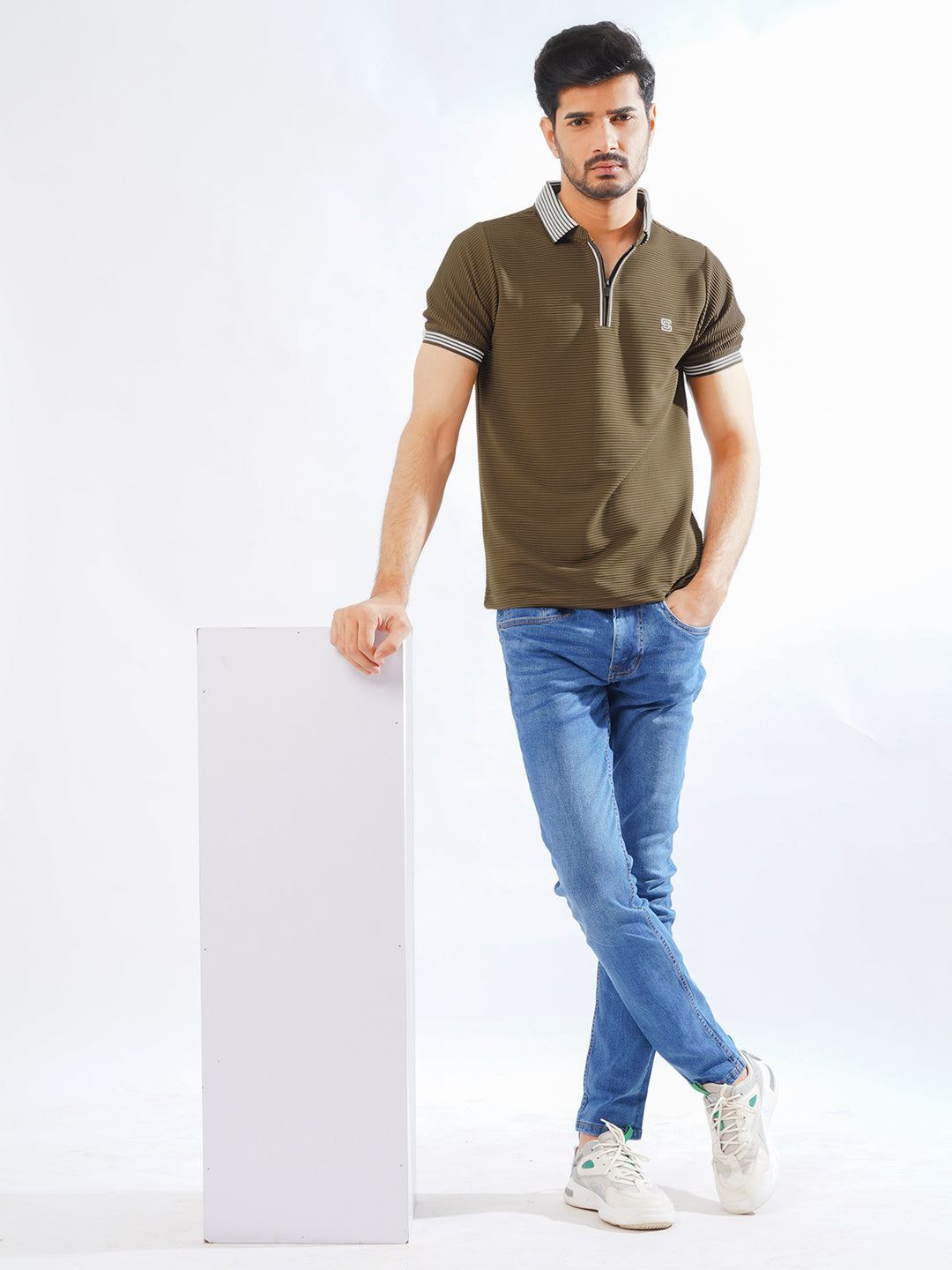 Golden Brown Contrast Collar Half Sleeves Premium Zipper Striped Polo T-Shirt (POLO-799)