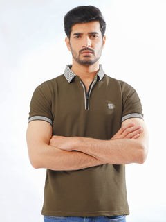 Golden Brown Contrast Collar Half Sleeves Premium Zipper Striped Polo T-Shirt (POLO-799)