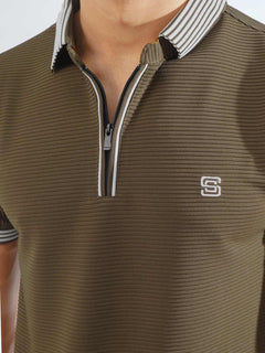 Golden Brown Contrast Collar Half Sleeves Premium Zipper Striped Polo T-Shirt (POLO-799)