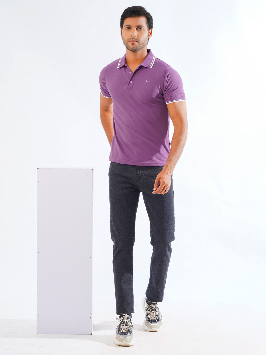 Purple Plain Contrast Tipping Half Sleeves Polo T-Shirt (POLO-805)