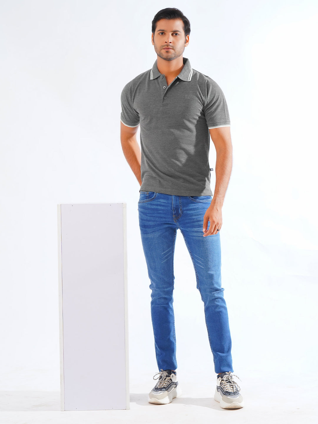 Charcoal Grey Plain Contrast Tipping Half Sleeves Polo T-Shirt (POLO-807)