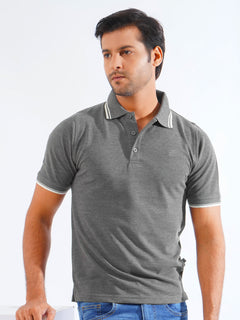 Charcoal Grey Plain Contrast Tipping Half Sleeves Polo T-Shirt (POLO-807)