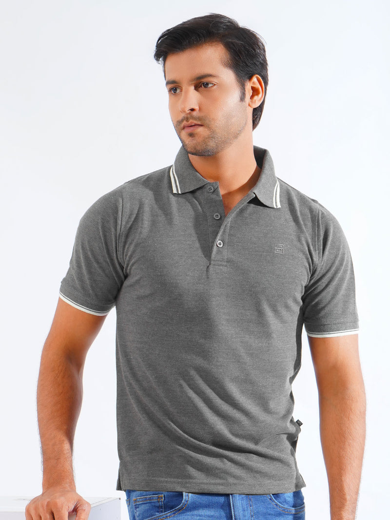 Charcoal Grey Plain Contrast Tipping Half Sleeves Polo T-Shirt (POLO-807)