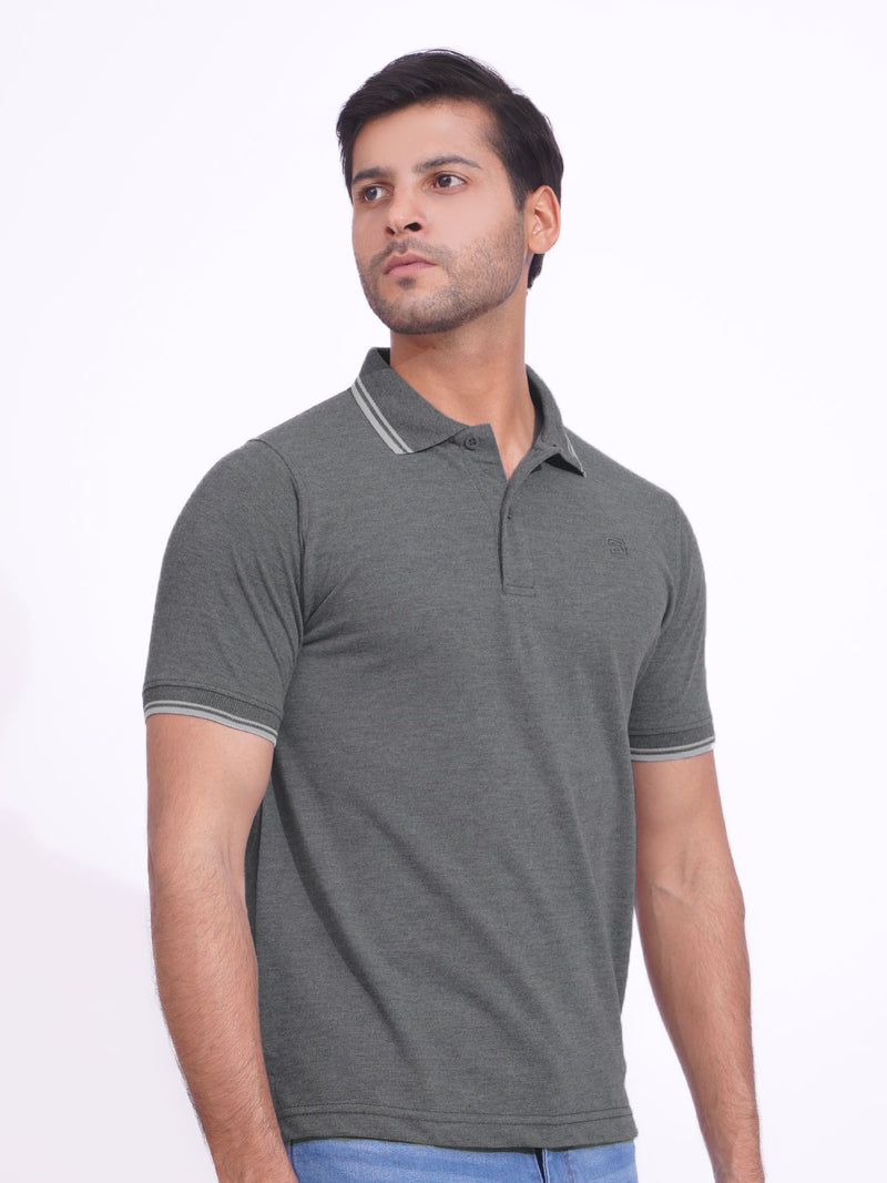 Charcoal Grey Plain Contrast Tipping Half Sleeves Polo T-Shirt (POLO-807)