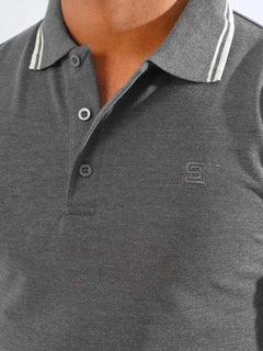 Charcoal Grey Plain Contrast Tipping Half Sleeves Polo T-Shirt (POLO-807)