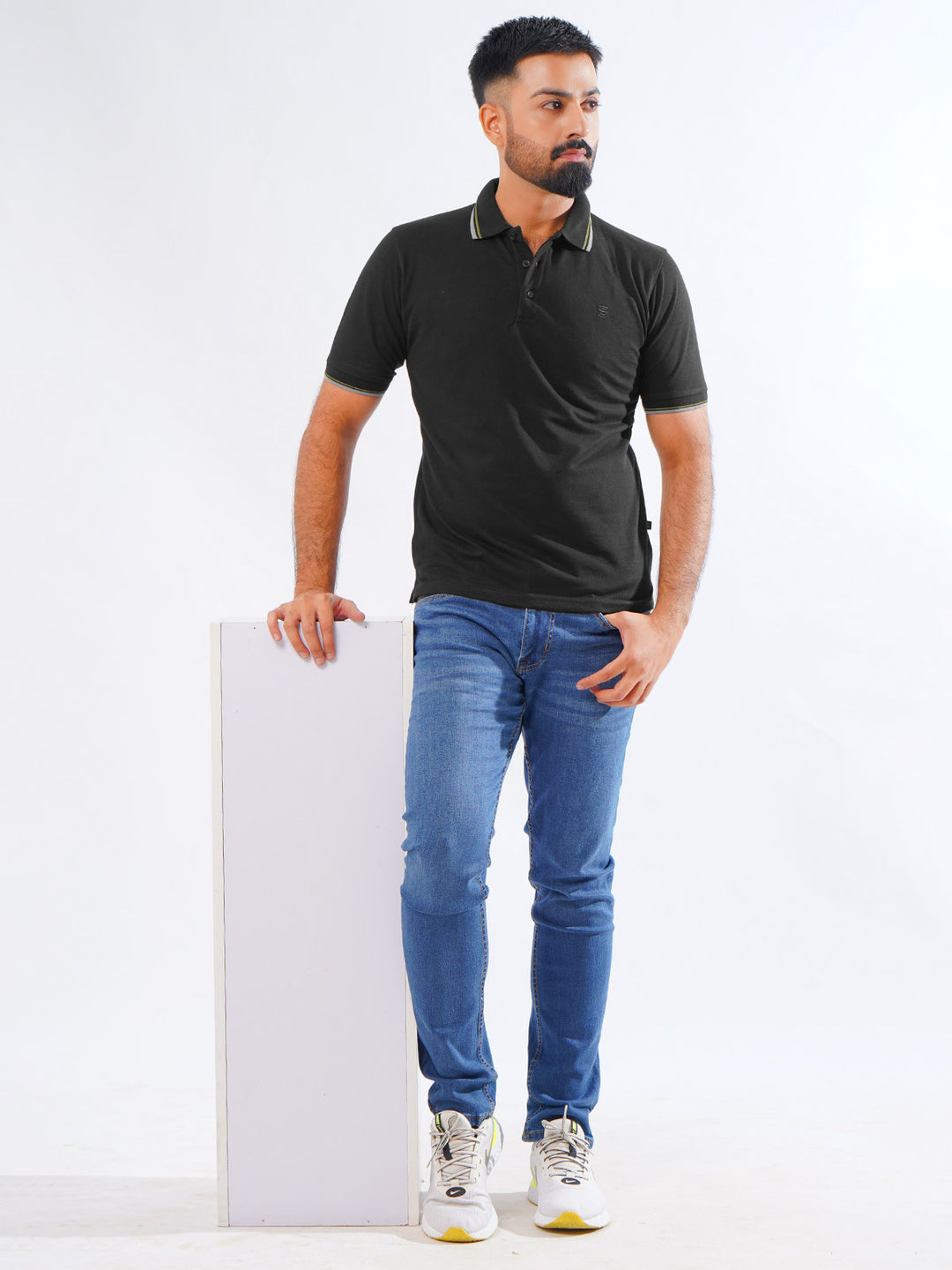 Black Plain Contrast Tipping Half Sleeves Polo T-Shirt (POLO-810)