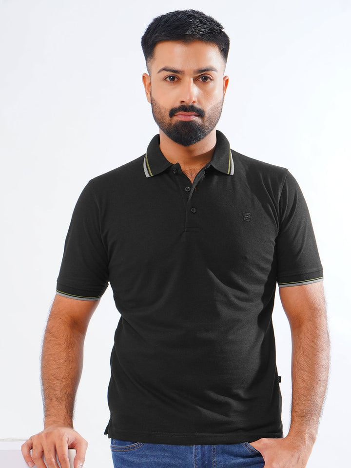 Black Plain Contrast Tipping Half Sleeves Polo T-Shirt (POLO-810)