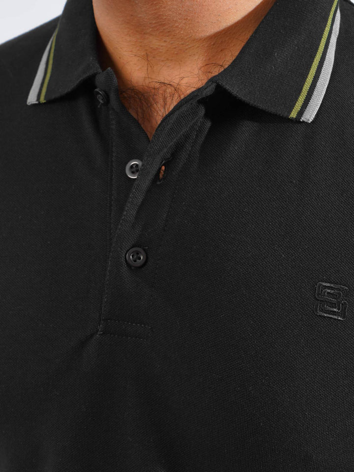 Black Plain Contrast Tipping Half Sleeves Polo T-Shirt (POLO-810)