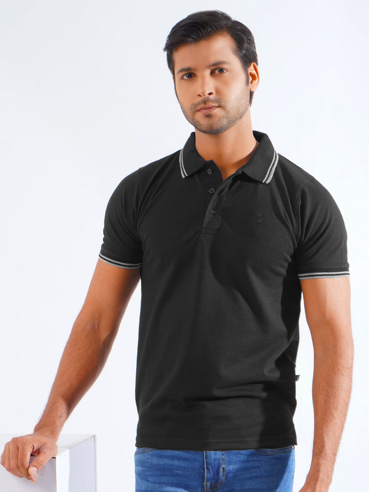 Black Plain Contrast Tipping Half Sleeves Polo T-Shirt (POLO-814)