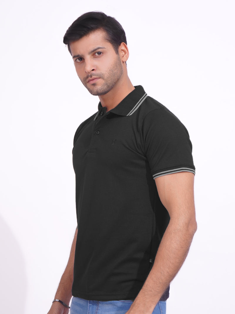 Black Plain Contrast Tipping Half Sleeves Polo T-Shirt (POLO-814)