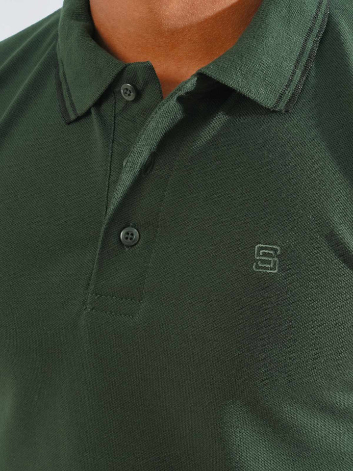 Green Plain Contrast Tipping Half Sleeves Polo T-Shirt (POLO-815)