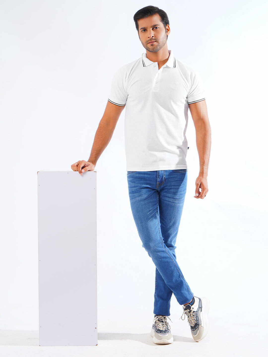 White Plain Contrast Tipping Half Sleeves Polo T-Shirt (POLO-816)