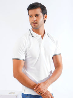 White Plain Contrast Tipping Half Sleeves Polo T-Shirt (POLO-816)