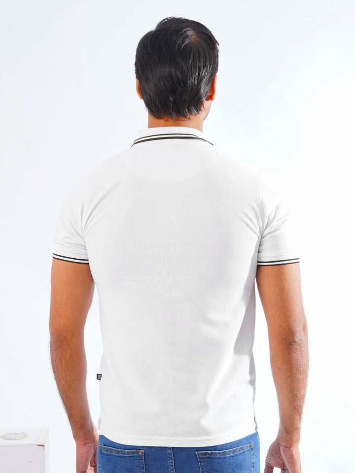 White Plain Contrast Tipping Half Sleeves Polo T-Shirt (POLO-816)