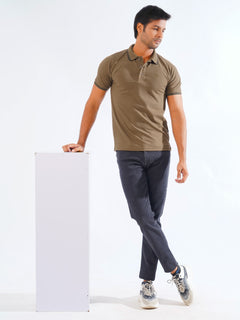 Brown Plain Contrast Tipping Half Sleeves Polo T-Shirt (POLO-817)