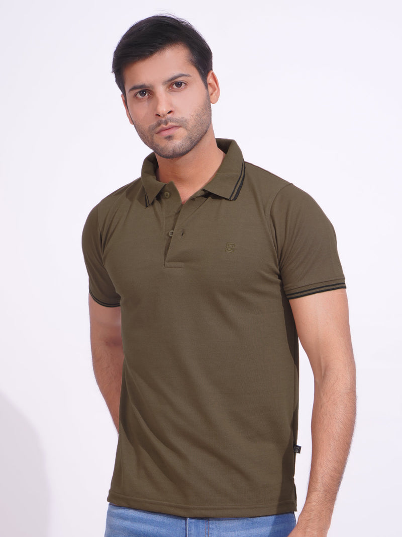 Brown Plain Contrast Tipping Half Sleeves Polo T-Shirt (POLO-817)