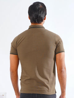 Brown Plain Contrast Tipping Half Sleeves Polo T-Shirt (POLO-817)