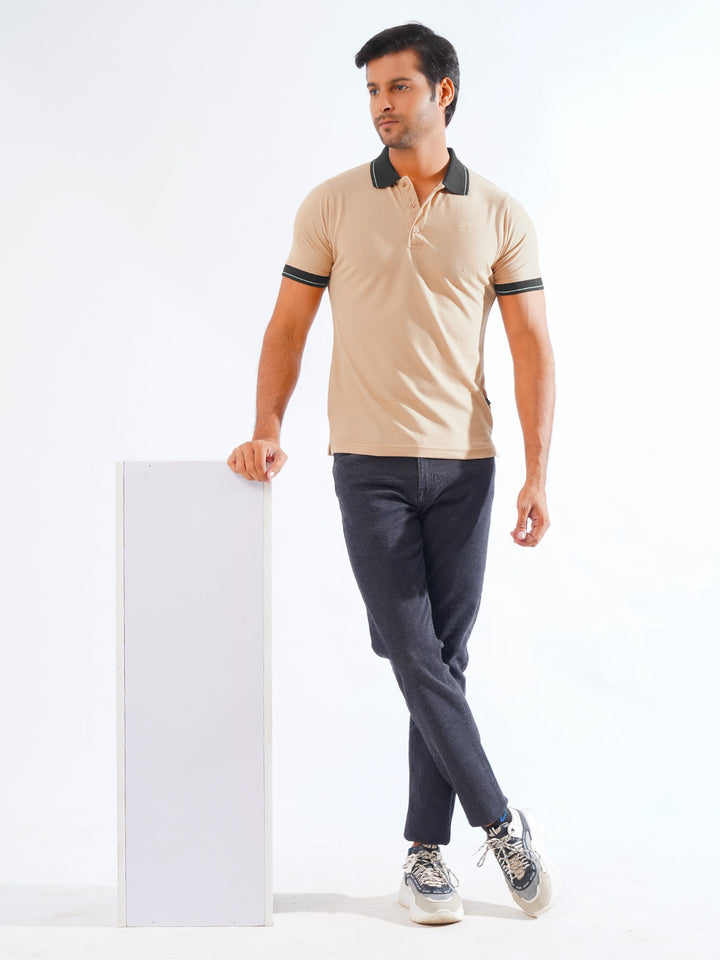 Cream Plain Contrast Tipping Half Sleeves Polo T-Shirt (POLO-818)