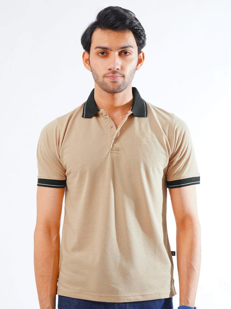 Cream Plain Contrast Tipping Half Sleeves Polo T-Shirt (POLO-818)