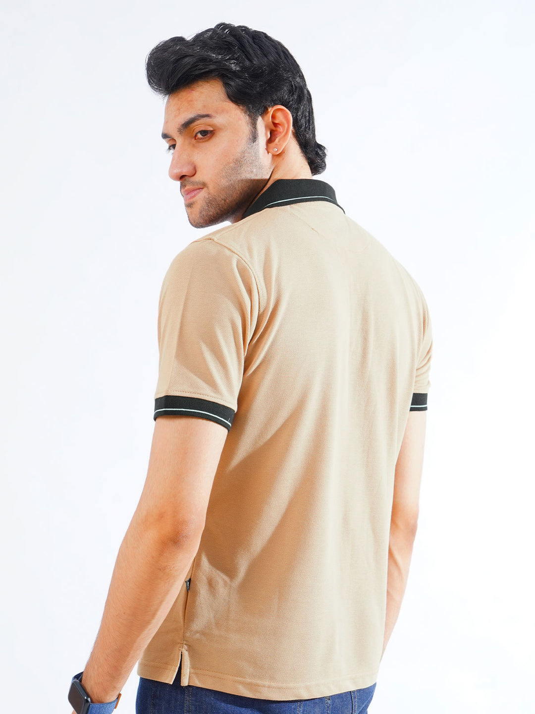 Cream Plain Contrast Tipping Half Sleeves Polo T-Shirt (POLO-818)