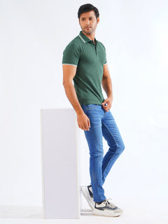 Dark Green Plain Contrast Tipping Half Sleeves Polo T-Shirt (POLO-819)