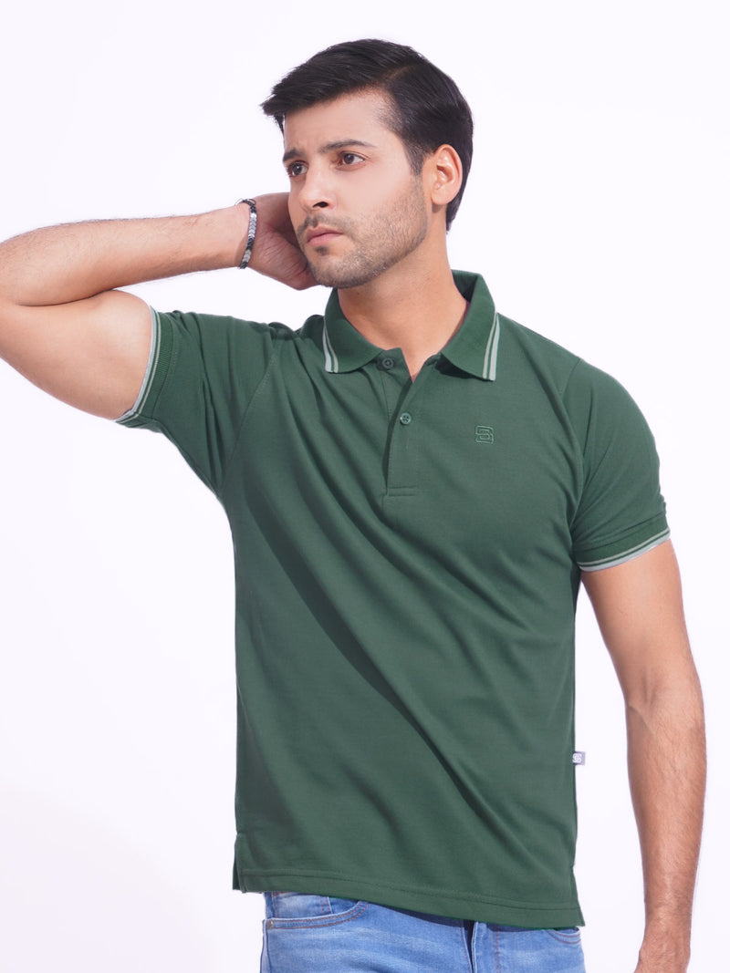 Dark Green Plain Contrast Tipping Half Sleeves Polo T-Shirt (POLO-819)