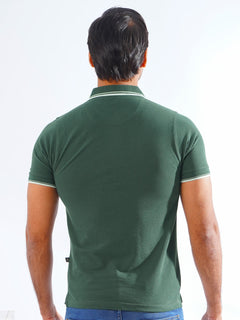 Dark Green Plain Contrast Tipping Half Sleeves Polo T-Shirt (POLO-819)