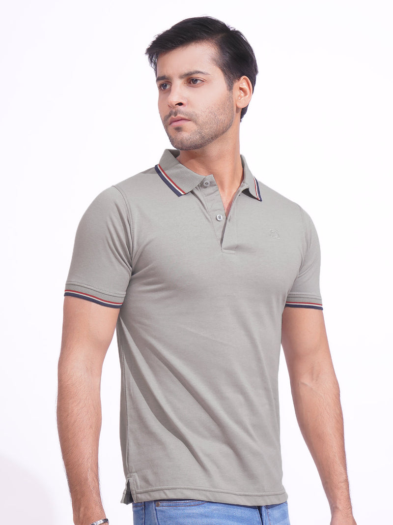 Light Grey Plain Contrast Tipping Half Sleeves Polo T-Shirt (POLO-820)