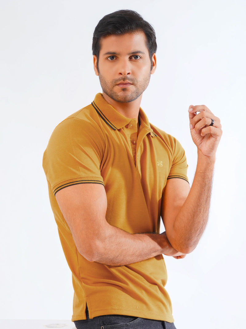 Mustard Plain Contrast Tipping Half Sleeves Polo T-Shirt (POLO-827)