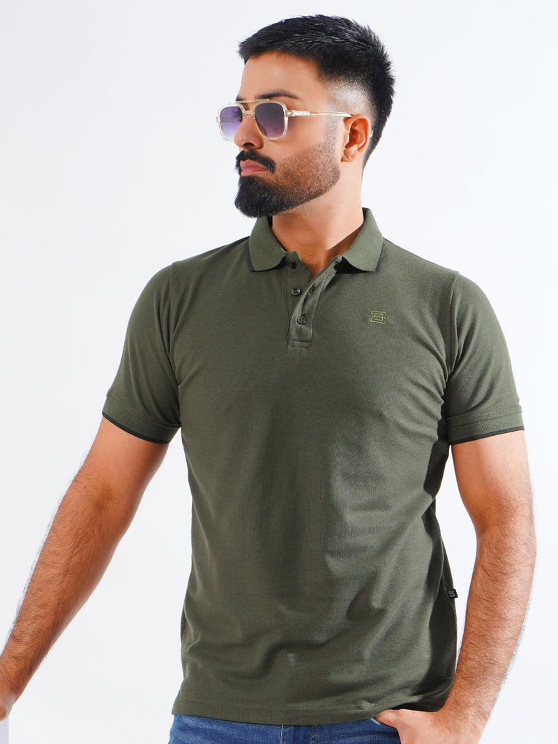 Army Green Plain Contrast Tipping Half Sleeves Polo T-Shirt (POLO-839)