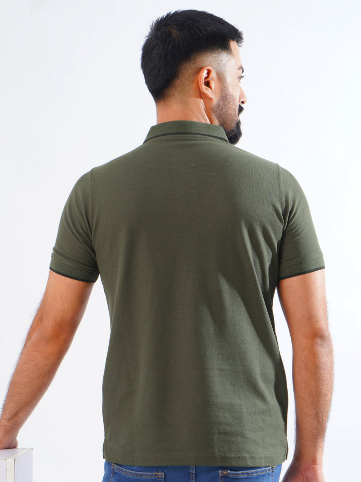 Army Green Plain Contrast Tipping Half Sleeves Polo T-Shirt (POLO-839)