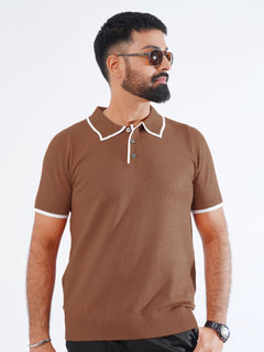 Rust Contrast Collar Half Sleeves Premium Knitted Popcorn Polo T-Shirt (POLO-843)