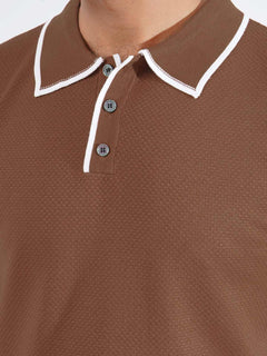 Rust Contrast Collar Half Sleeves Premium Knitted Popcorn Polo T-Shirt (POLO-843)