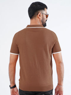 Rust Contrast Collar Half Sleeves Premium Knitted Popcorn Polo T-Shirt (POLO-843)