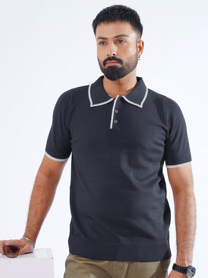 Navy Blue Contrast Collar Half Sleeves Premium Knitted Popcorn Polo T-Shirt (POLO-844)