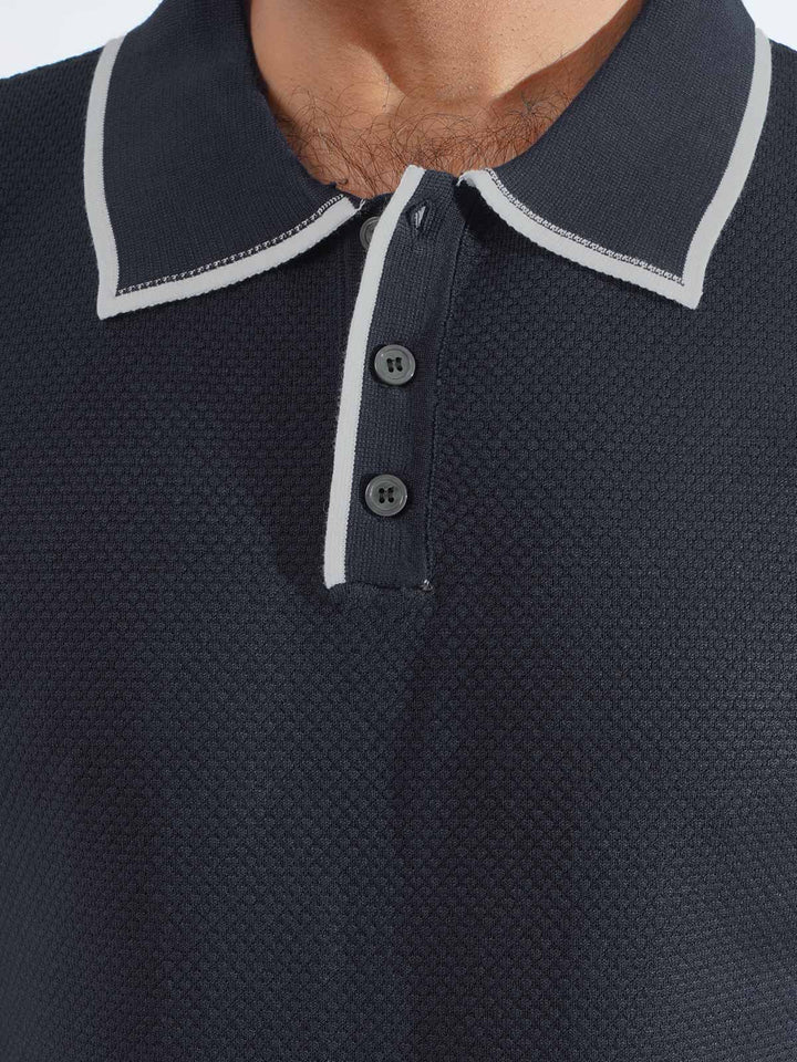 Navy Blue Contrast Collar Half Sleeves Premium Knitted Popcorn Polo T-Shirt (POLO-844)