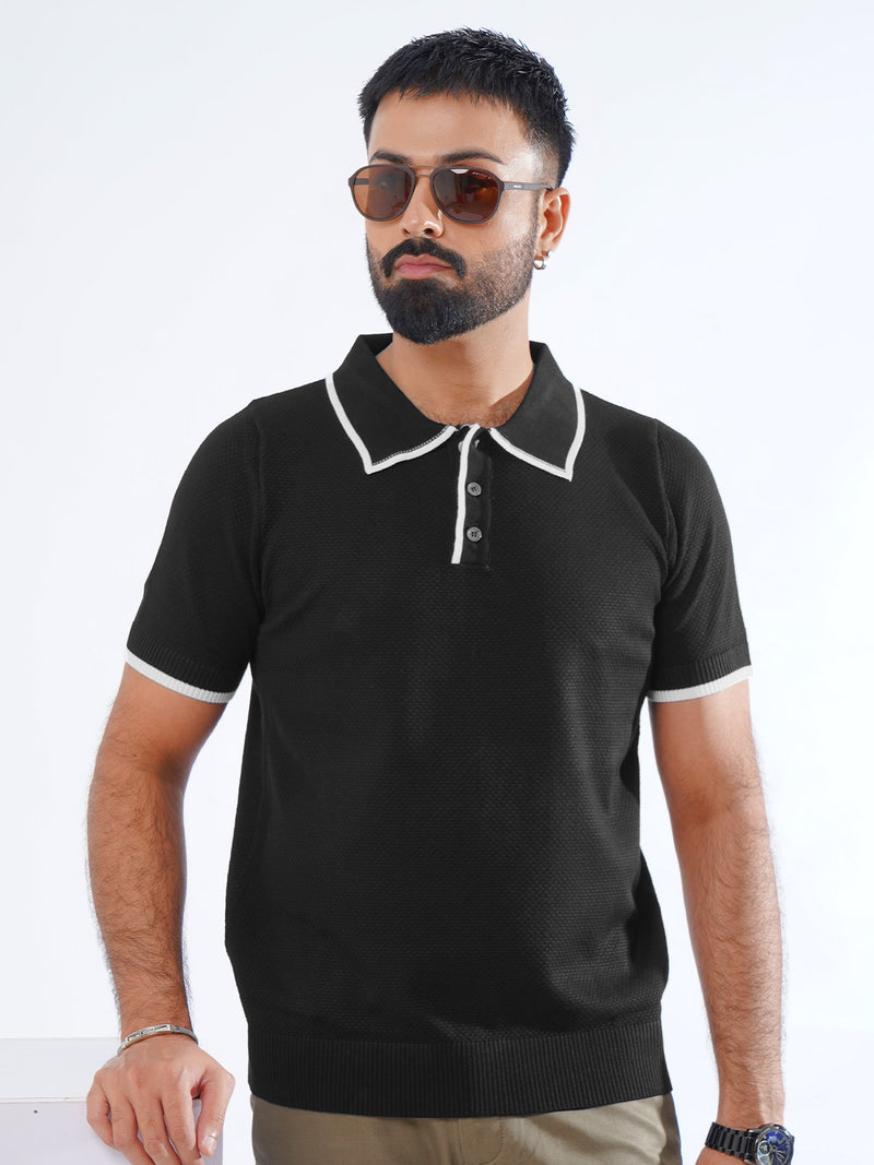 Black Contrast Collar Half Sleeves Premium Knitted Popcorn Polo T-Shirt (POLO-845)