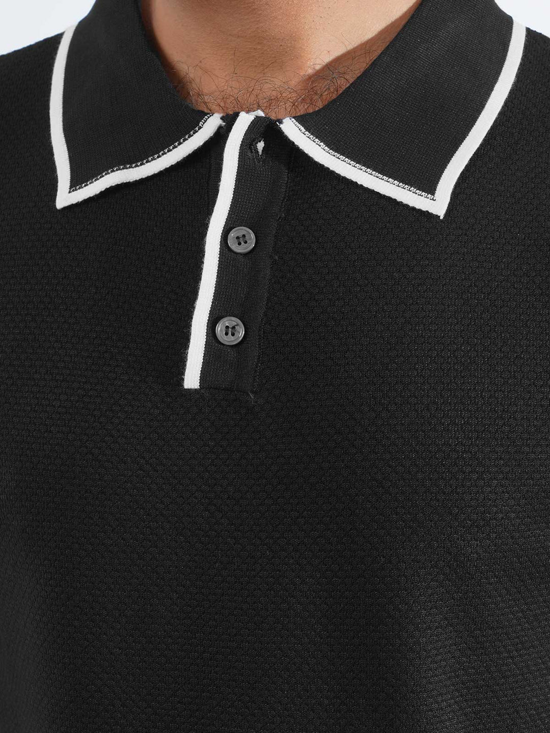 Black Contrast Collar Half Sleeves Premium Knitted Popcorn Polo T-Shirt (POLO-845)