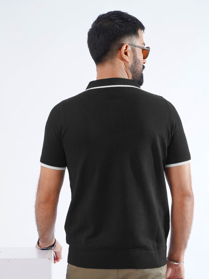 Black Contrast Collar Half Sleeves Premium Knitted Popcorn Polo T-Shirt (POLO-845)