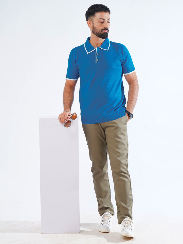 Blue Contrast Collar Half Sleeves Premium Knitted Popcorn Polo T-Shirt (POLO-846)