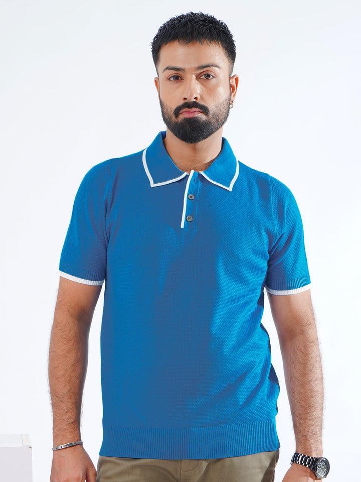 Blue Contrast Collar Half Sleeves Premium Knitted Popcorn Polo T-Shirt (POLO-846)