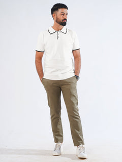 White Contrast Collar Half Sleeves Premium Knitted Popcorn Polo T-Shirt (POLO-847)