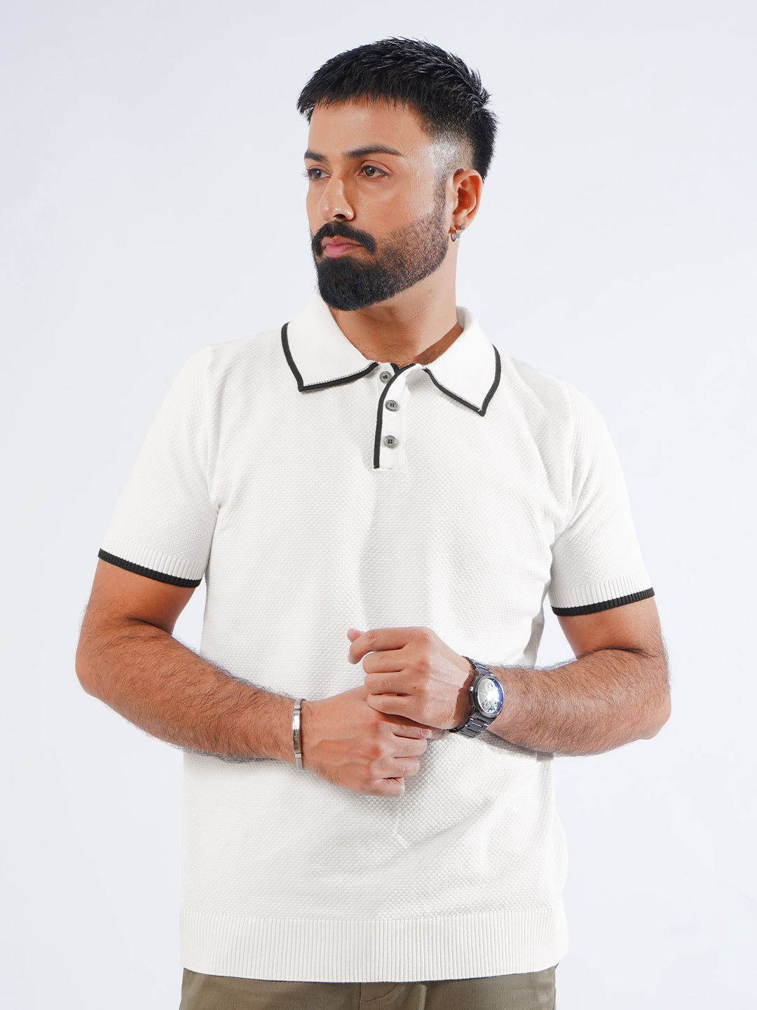 White Contrast Collar Half Sleeves Premium Knitted Popcorn Polo T-Shirt (POLO-847)