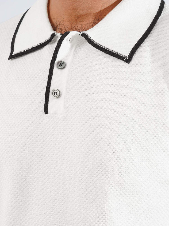 White Contrast Collar Half Sleeves Premium Knitted Popcorn Polo T-Shirt (POLO-847)