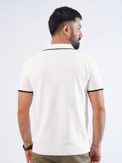 White Contrast Collar Half Sleeves Premium Knitted Popcorn Polo T-Shirt (POLO-847)