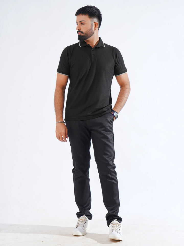 Black Plain Contrast Tipping Half Sleeves Polo T-Shirt (POLO-848)