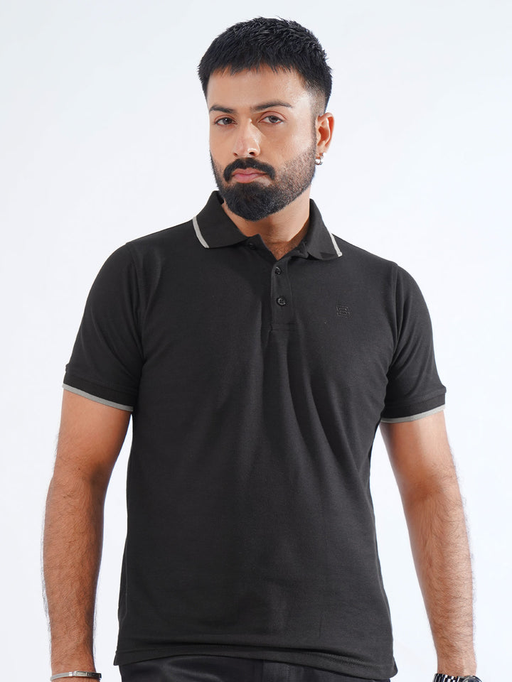 Black Plain Contrast Tipping Half Sleeves Polo T-Shirt (POLO-848)