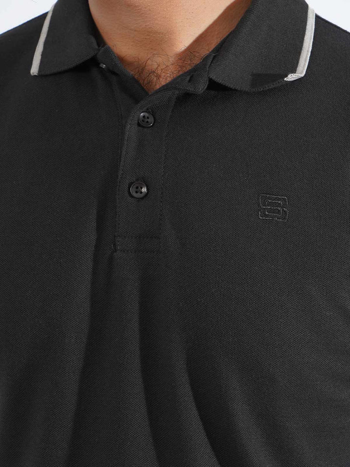 Black Plain Contrast Tipping Half Sleeves Polo T-Shirt (POLO-848)